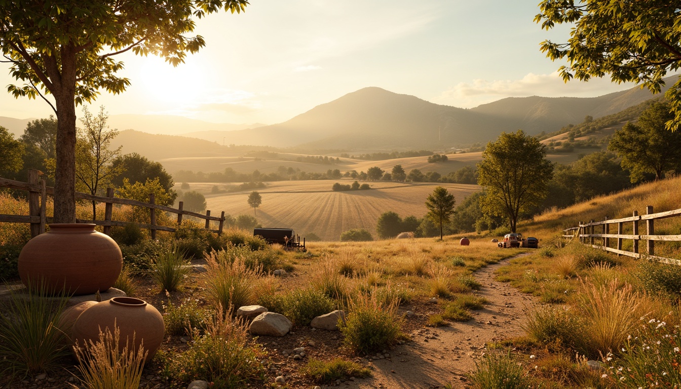 Prompt: Rustic countryside landscape, warm wheat color tones, rolling hills, golden fields of wheat, sun-kissed terrain, weathered wooden fences, vintage farm equipment, earthenware pots, lush greenery, blooming wildflowers, soft afternoon light, gentle mist, shallow depth of field, 2/3 composition, natural textures, ambient occlusion.