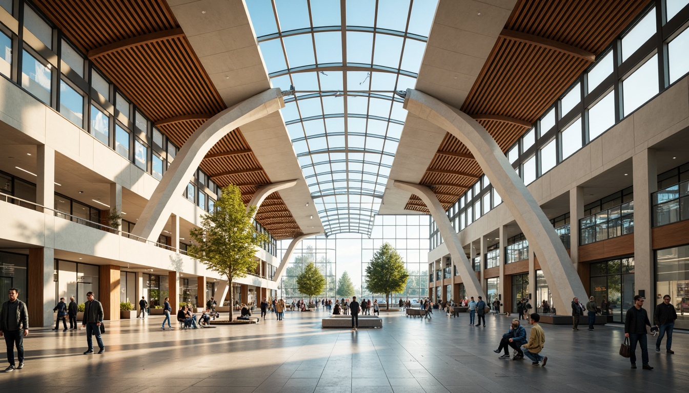 Prompt: Vibrant airport terminal, fusion architecture, sleek metallic curves, large glass ceilings, airy open spaces, warm beige tones, rich walnut wood accents, calming blue hues, soft cream colors, natural stone flooring, modern LED lighting, dynamic angular lines, futuristic digital displays, bustling passenger traffic, warm sunny day, shallow depth of field, 1/1 composition, realistic textures, ambient occlusion.