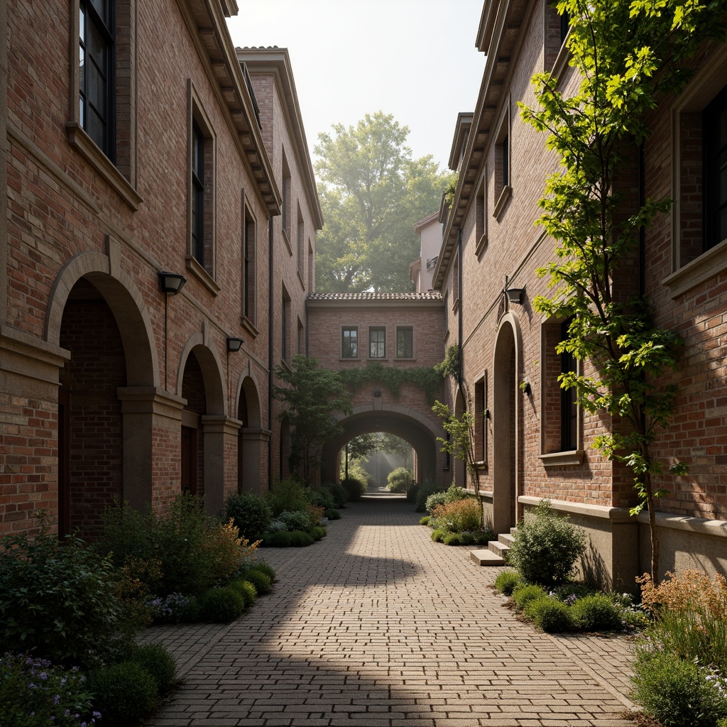 Prompt: Rustic stone walls, weathered brick facades, ornate arches, grand entranceways, textured stonework, rough-hewn granite, aged concrete blocks, distressed wood accents, vintage metalwork, gothic-inspired windows, ivy-covered buildings, misty morning atmosphere, warm golden lighting, shallow depth of field, 1/1 composition, realistic textures, ambient occlusion.