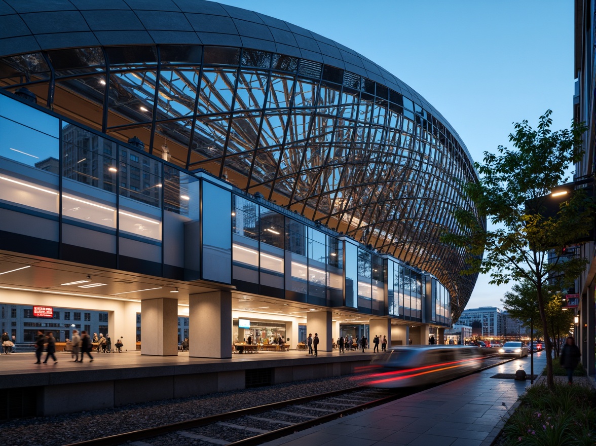 Prompt: Futuristic transportation hub, curved glass fa\u00e7ade, sleek metal cladding, dynamic LED lighting, geometric patterns, modern minimalist architecture, high-speed rail networks, bustling urban environment, busy streets, blurred motion effects, shallow depth of field, 3/4 composition, panoramic view, realistic textures, ambient occlusion, vibrant cityscape, evening atmosphere, soft warm lighting.