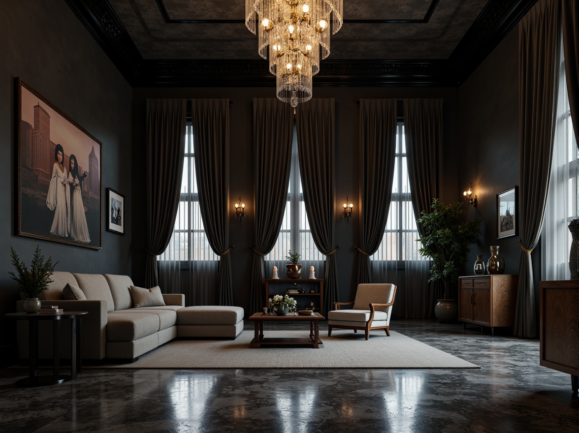 Prompt: Luxurious dark gray walls, elegant marble floors, sophisticated high ceilings, ornate crystal chandeliers, lavish velvet drapes, refined wooden furniture, subtle metal accents, mysterious dim lighting, cinematic shadows, 1/1 composition, moody atmospheric effects, realistic textures, ambient occlusion.