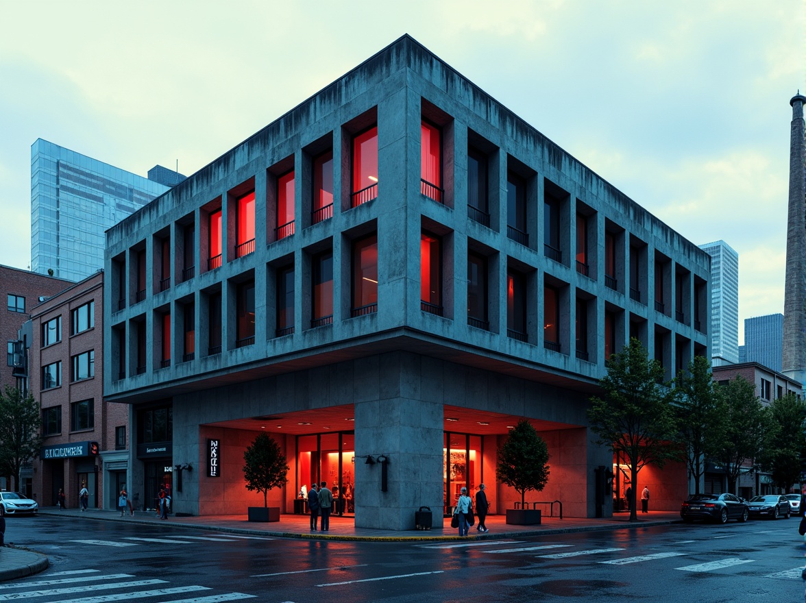 Prompt: Rugged brutalist building, exposed concrete surfaces, bold color contrasts, vibrant red accents, deep blue shadows, rough textures, geometric shapes, industrial materials, urban cityscape, overcast skies, dramatic lighting, high contrast ratio, cinematic mood, 2.35