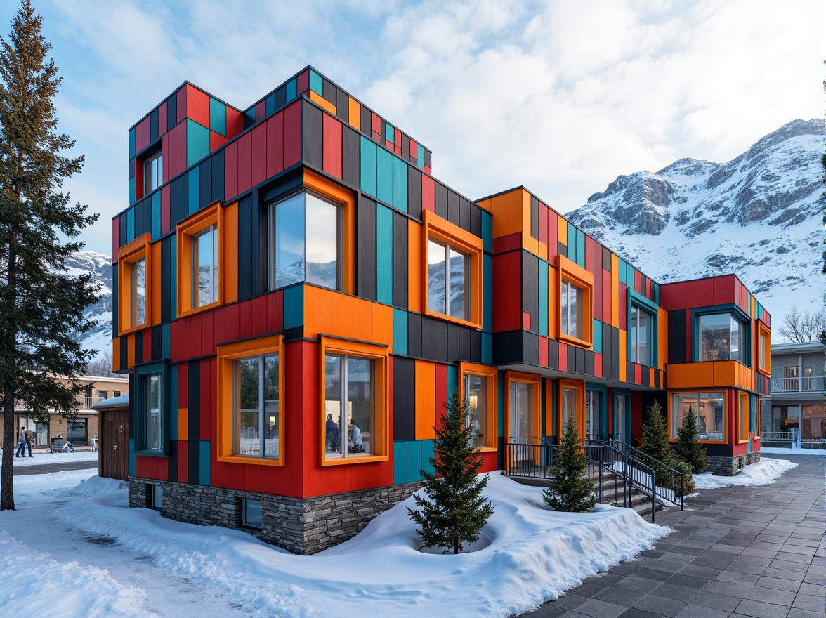 Prompt: Vibrant ski center, eclectic facade design, bold color scheme, mismatched windows, irregular shapes, asymmetrical composition, wooden accents, metal cladding, stone foundations, snow-capped roofs, frozen lake background, misty mountain atmosphere, warm golden lighting, shallow depth of field, 1/2 composition, realistic textures, ambient occlusion.