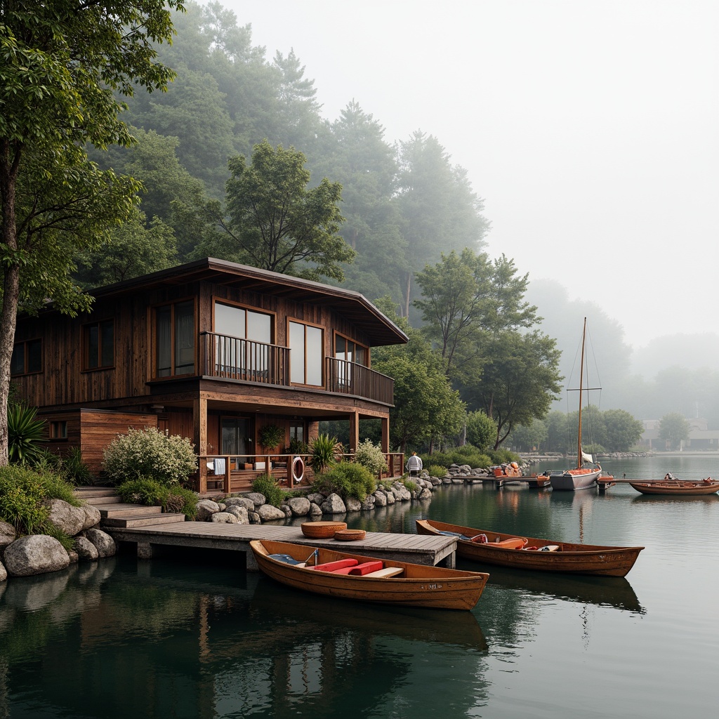 Prompt: Rustic boathouse, waterfront location, wooden dock, sailboats, kayaks, paddleboards, nautical ropes, life rings, weathered wood textures, natural stone foundations, curved lines, earthy color palette, serene lake surroundings, lush greenery, misty morning atmosphere, soft warm lighting, shallow depth of field, 3/4 composition, panoramic view, realistic water reflections, ambient occlusion.