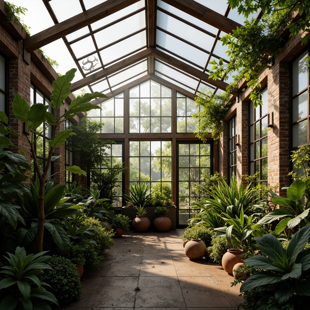 Prompt: Vibrant botanical greenhouse, lush foliage, exotic plants, misty atmosphere, warm natural light, rustic wooden beams, distressed metal frames, earthy terracotta pots, rough-hewn stone walls, vintage glass panels, soft diffused lighting, shallow depth of field, 2/3 composition, intimate close-up shots, rich organic textures, subtle ambient occlusion.