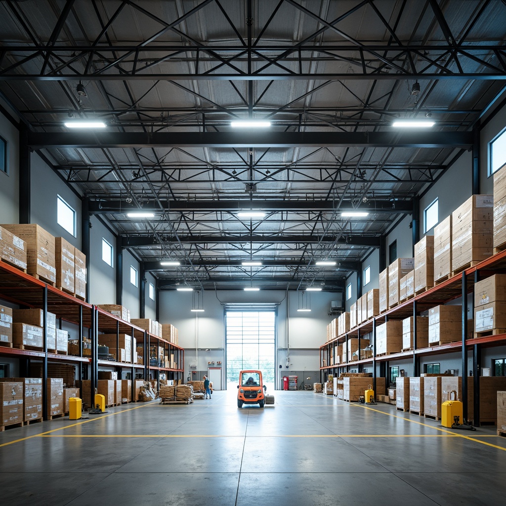 Prompt: Modern international style distribution center, high ceiling, industrial chic decor, sleek metal beams, polished concrete floors, bright overhead lighting, suspended LED lights, minimalist shelving systems, neutral color palette, functional layout, open spaces, natural light pouring in through large windows, reflective surfaces, subtle ambient occlusion, shallow depth of field, 3/4 composition, panoramic view.