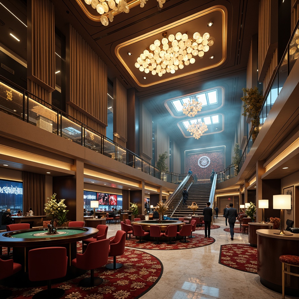 Prompt: Luxurious casino interior, ornate chandeliers, polished marble floors, lavish furnishings, velvet drapes, golden accents, curved lines, geometric patterns, modernist architecture, high ceilings, grand staircases, dramatic lighting, misty atmosphere, shallow depth of field, 1/2 composition, low-angle shot, cinematic mood, rich textures, ambient occlusion, abstract shapes, futuristic vibe.