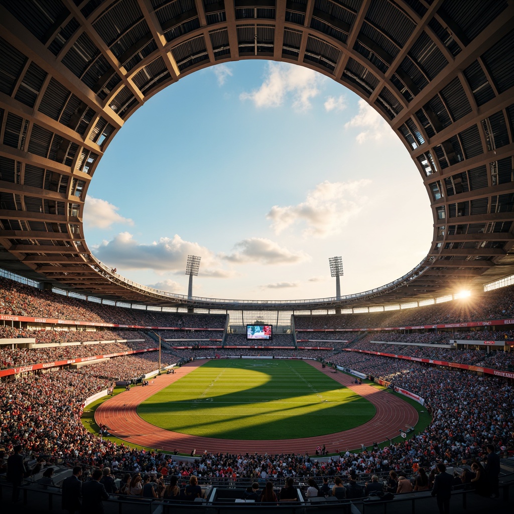 Prompt: Grand football stadium, majestic archways, towering columns, robust steel structures, vibrant team colors, lush green grass, athletic tracks, spectator seating, giant video screens, modern LED lighting, dramatic shadowing, high-contrast textures, cinematic camera angles, 1/2 composition, symmetrical framing, warm golden hour lighting, realistic atmosphere, detailed architectural details.