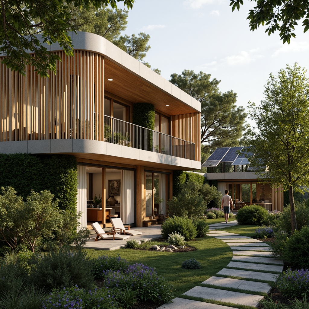 Prompt: Eco-friendly abode, reclaimed wood accents, bamboo flooring, living green walls, energy-efficient windows, solar panels, wind turbines, rainwater harvesting systems, organic gardens, lush vegetation, natural stone pathways, modern minimalist architecture, curved lines, earthy tones, soft warm lighting, shallow depth of field, 3/4 composition, realistic textures, ambient occlusion.