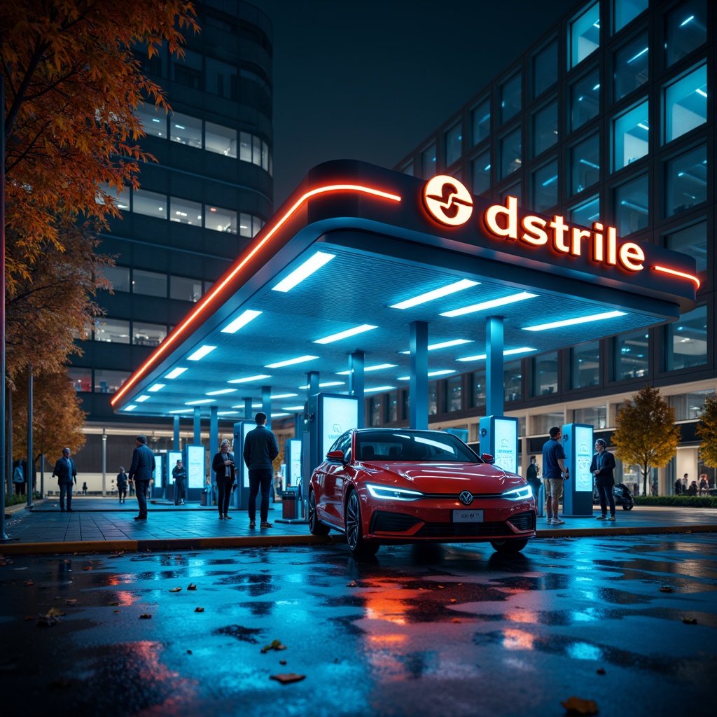 Prompt: Electric vehicle charging station, modern futuristic design, sleek metal structures, neon-lit accents, vibrant blue hues, energetic orange tones, high-tech digital displays, futuristic typography, urban cityscape, nighttime atmosphere, moody lighting, shallow depth of field, 1/1 composition, realistic metallic textures, ambient occlusion.