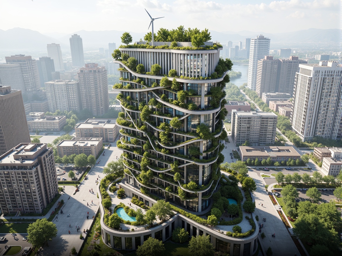 Prompt: Eco-friendly skyscraper, green roofs, solar panels, wind turbines, rainwater harvesting systems, recycled materials, low-carbon footprint, minimalist design, natural ventilation, large windows, abundant daylight, living walls, urban gardens, vibrant plant life, modern metallic structures, sleek glass fa\u00e7ades, angular lines, innovative cooling technologies, shaded outdoor spaces, misting systems, panoramic city views, realistic textures, ambient occlusion.