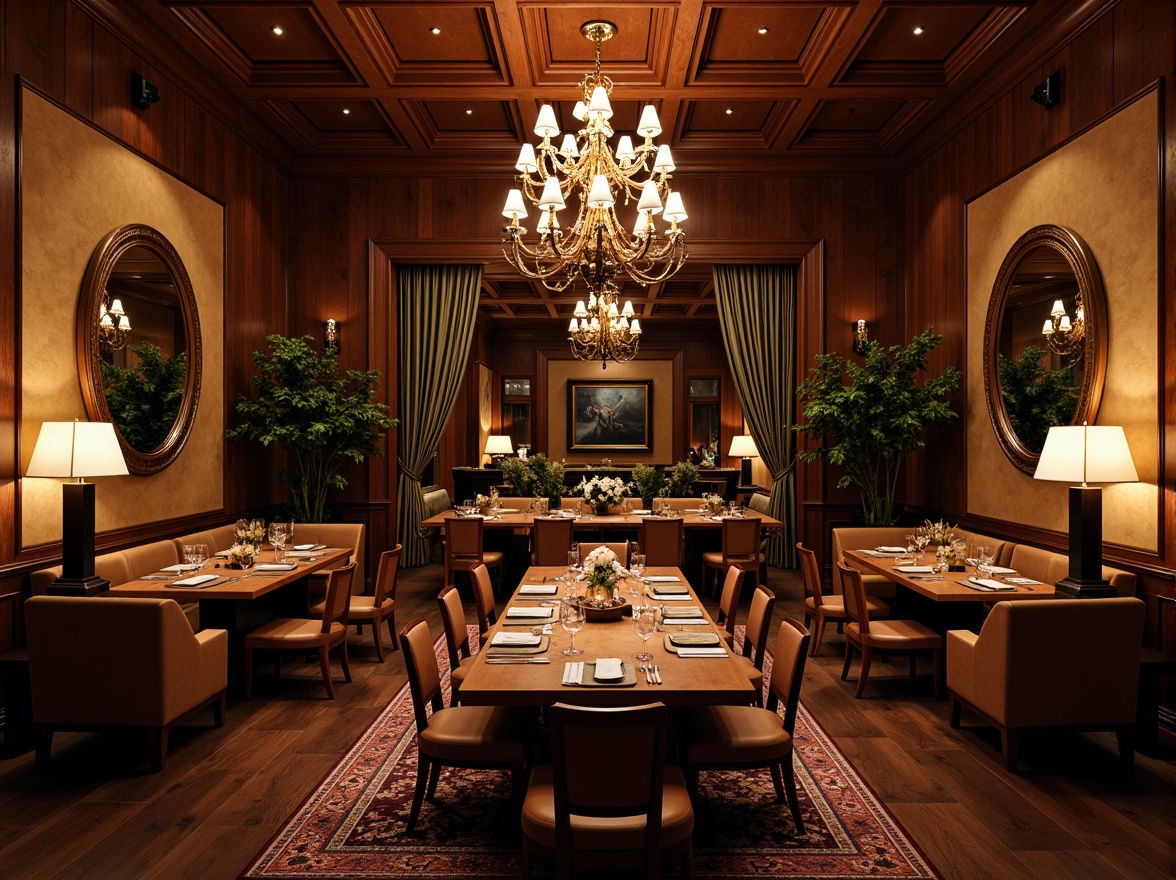 Prompt: Cozy dining room, rich wood tones, luxurious fabrics, elegant chandeliers, ornate mirrors, refined table settings, plush area rugs, sophisticated color schemes, statement walls, eclectic artwork, ambient dim lighting, 1/2 composition, shallow depth of field, warm intimate atmosphere, soft gentle shadows.