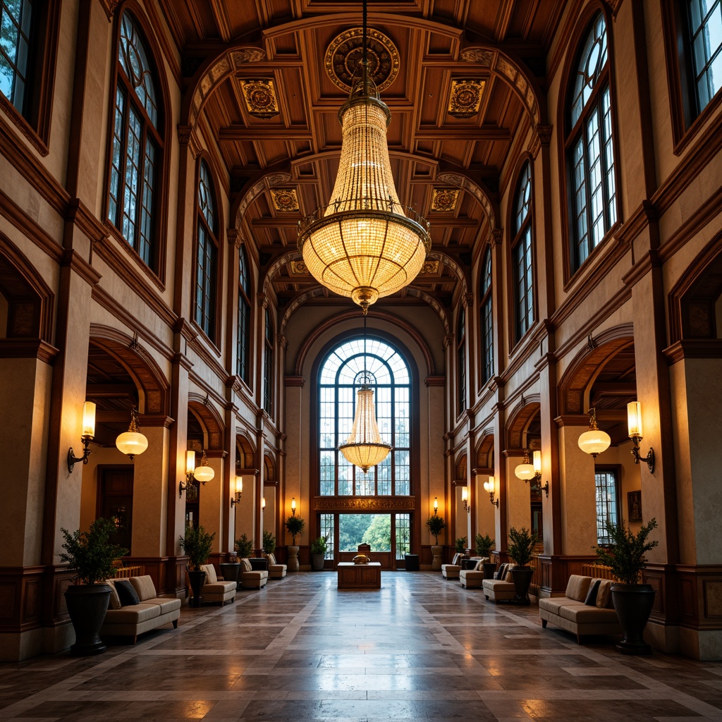 Prompt: Grand chandelier, ornate metalwork, warm golden lighting, stained glass windows, high ceilings, wooden beams, classic columns, marble flooring, intricate moldings, luxurious textiles, rich wood tones, softbox lights, track lighting, pendant lamps, frosted glass fixtures, ambient illumination, subtle shadows, 1/2 composition, symmetrical framing, realistic reflections, detailed textures.