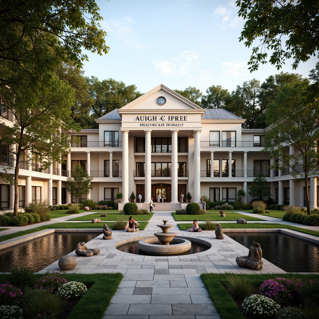 Prompt: Elegant healthcare facility, grand entrance, symmetrical fa\u00e7ade, ornate columns, stately fountains, manicured lawns, vibrant flowerbeds, meandering walkways, mature trees, tranquil water features, natural stone paving, classic sculptures, soft warm lighting, shallow depth of field, 2/3 composition, panoramic view, realistic textures, ambient occlusion.