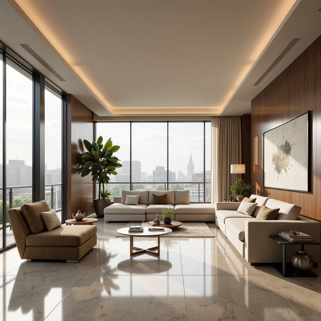 Prompt: Modern luxury living room, sleek minimalist furniture, cream-colored walls, polished marble floors, floor-to-ceiling windows, sliding glass doors, city skyline views, cozy reading nook, comfortable sectional sofas, metallic accent tables, ambient warm lighting, 1/2 composition, shallow depth of field, realistic textures, soft focus effect.