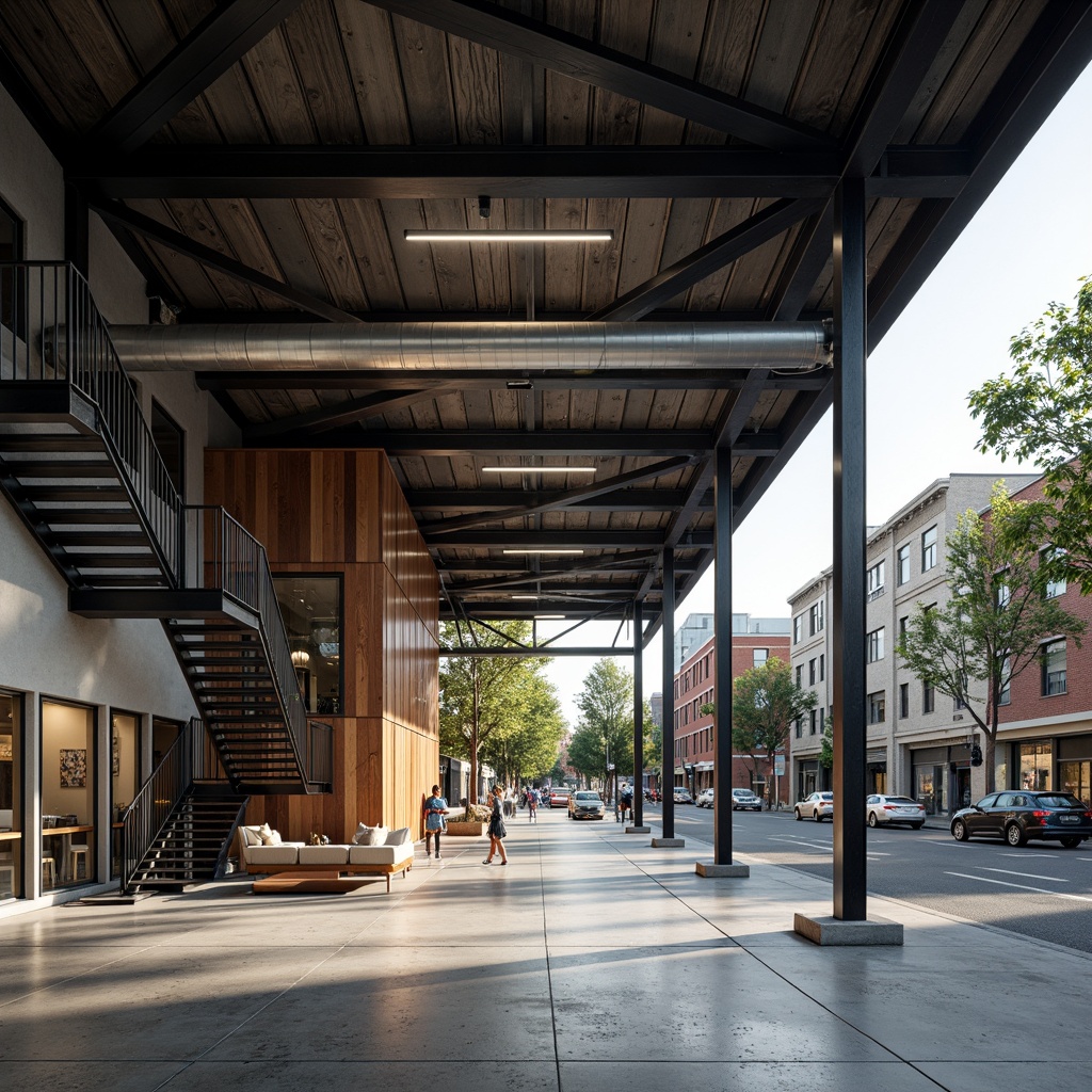 Prompt: Industrial steel-framed constructivist building, angular metal beams, exposed ductwork, polished concrete floors, minimalist interior design, open-plan layout, elevated ceilings, floor-to-ceiling windows, abundant natural light, urban cityscape views, modern metropolitan atmosphere, busy streets, eclectic neighborhood vibe, industrial-chic aesthetic, reclaimed wood accents, metal staircases, functional simplicity, structural expressionism, 1/1 composition, dramatic lighting, deep depth of field.