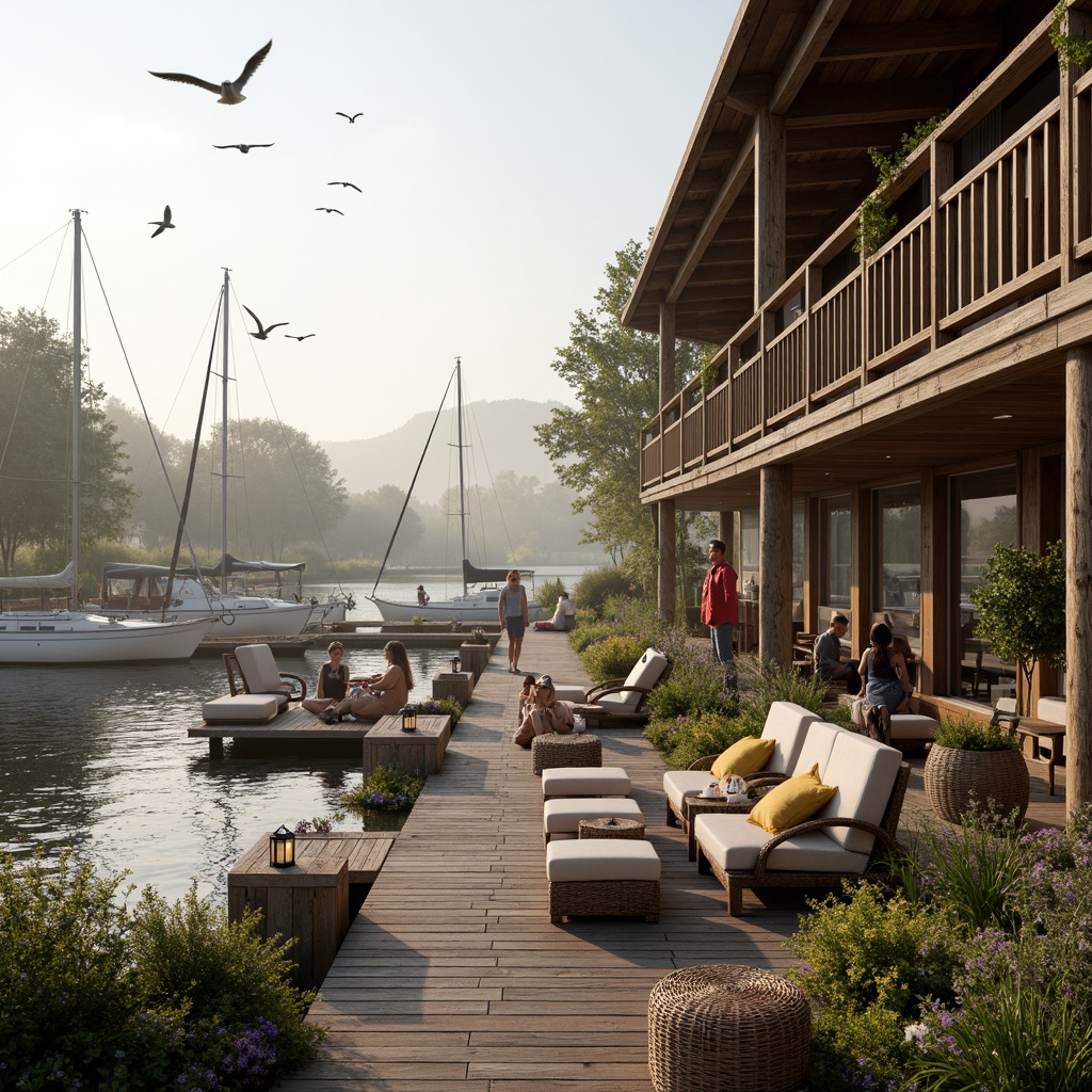 Prompt: Waterfront boathouse, rustic wooden docks, nautical ropes, sailboats, kayaks, paddles, life jackets, seagulls flying overhead, calm lake waters, misty morning, warm sunlight, cozy outdoor seating areas, plush throw pillows, woven wicker furniture, lantern-style lighting, natural stone pathways, lush greenery, blooming flowers, wooden planters, tranquil atmosphere, soft focus, shallow depth of field, 1/1 composition, realistic textures, ambient occlusion.