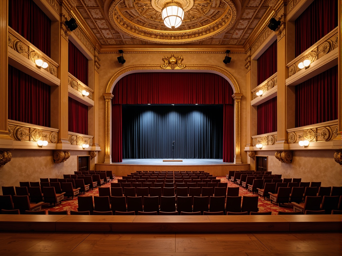 Prompt: Luxurious auditorium interior, rich velvet curtains, polished wooden floors, comfortable cushioned seating, ornate golden balconies, intricate plaster ceiling details, soft warm lighting, dramatic spotlights, acoustic paneling, soundproofing materials, premium fabric upholstery, elegant marble columns, grand chandeliers, subtle gradient wall colors, 1/2 composition, cinematic atmosphere, realistic reflections, ambient occlusion.