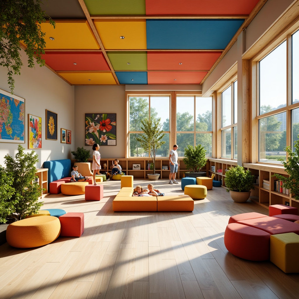 Prompt: Vibrant kindergarten, playful structuralist architecture, bright color blocks, bold geometric patterns, wooden building blocks, creative play areas, educational murals, natural light pouring, warm wood accents, rounded corners, soft cushions, cozy reading nooks, interactive displays, stimulating textures, whimsical sculptures, blooming flowers, sunny day, shallow depth of field, 3/4 composition, panoramic view, realistic textures, ambient occlusion.