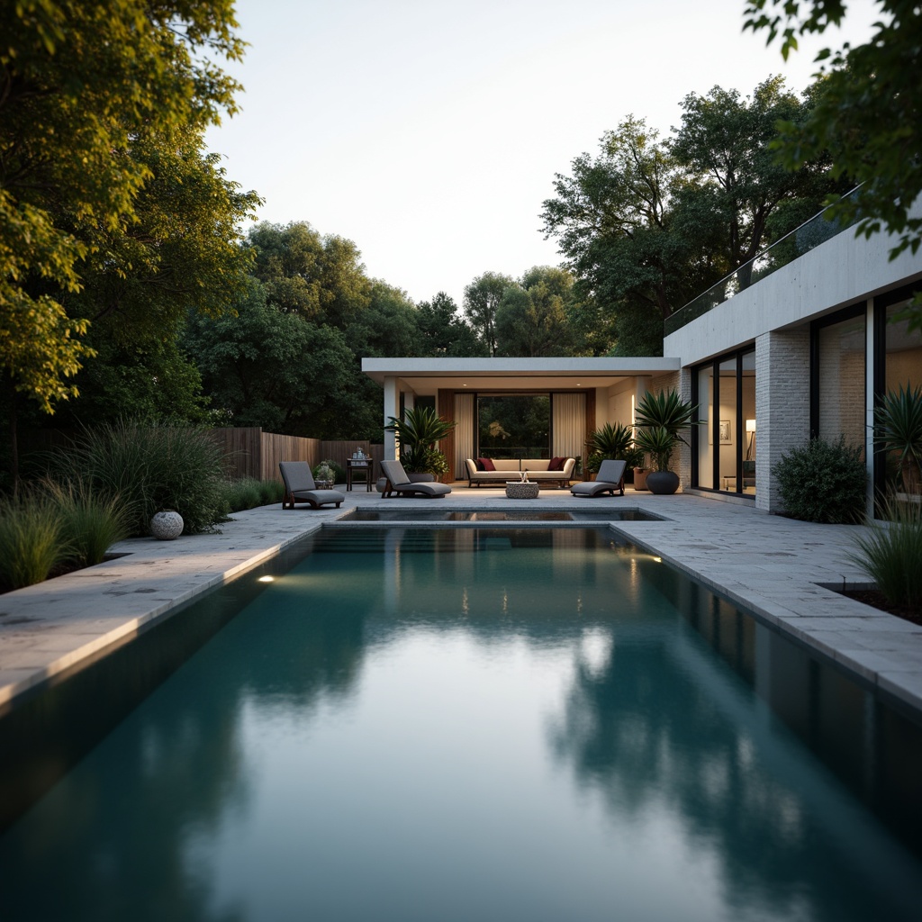 Prompt: Minimalist swimming pool, sleek lines, rectangular shape, calm water reflection, surrounding lush greenery, tropical plants, natural stone decking, wooden accents, subtle lighting, warm sunset glow, shallow depth of field, 1/1 composition, symmetrical framing, soft focus, blurred background, serene atmosphere, hidden LED lights, infinity edge design, gentle waterfall feature, organic pebble flooring, weathered wood fencing, sparse tree arrangement, panoramic view, realistic textures, ambient occlusion.