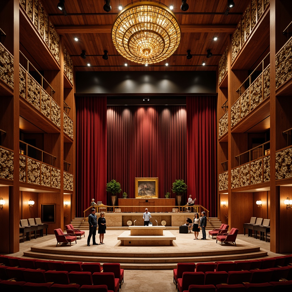 Prompt: Luxurious concert house interior, rich wood grain textures, polished marble floors, velvet curtains, ornate golden fixtures, plush red seating, intricate sound wave patterns, modern acoustic panels, sleek metal railings, grand chandelier lighting, dramatic high ceilings, intimate stage settings, warm softbox lighting, 1/2 composition, cinematic camera angles, realistic material reflections.