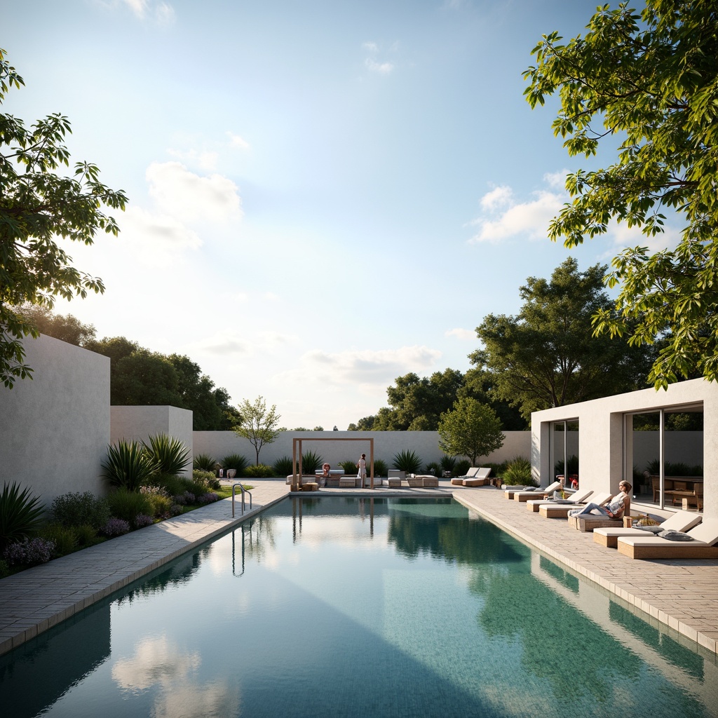 Prompt: Minimalist swimming pool, sleek rectangular shape, clean lines, neutral color palette, white concrete walls, grey stone floors, glass tile accents, stainless steel handrails, minimal decorative elements, natural surroundings, lush greenery, palm trees, sunny day, soft warm lighting, shallow depth of field, 3/4 composition, panoramic view, realistic textures, ambient occlusion.