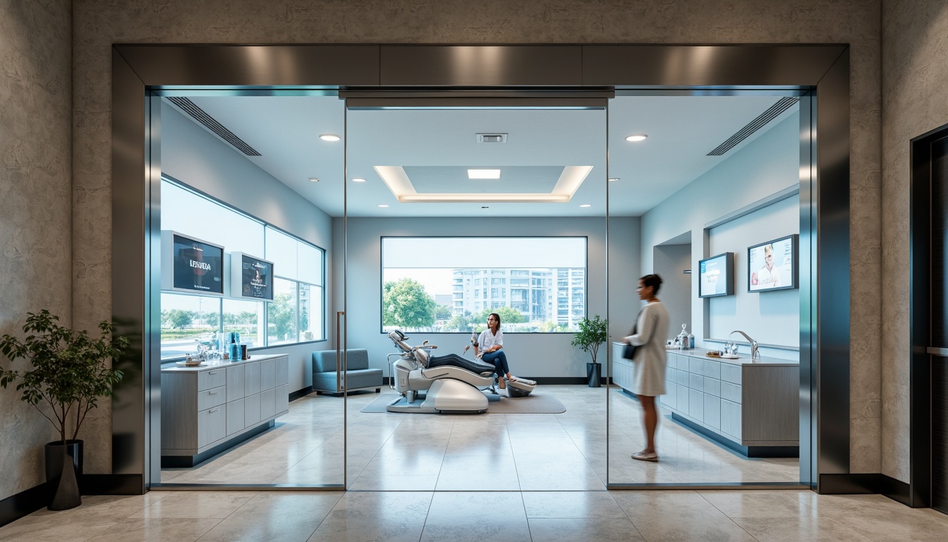 Prompt: Futuristic dental clinic, sleek glass fa\u00e7ade, metallic accents, minimalist design, modern LED signage, automatic sliding doors, polished chrome handles, high-tech equipment displays, futuristic lighting fixtures, neutral color scheme, clean lines, minimalist furniture, advanced medical technology integration, natural stone flooring, sophisticated waiting area, calming ambiance, soft diffused lighting, shallow depth of field, 3/4 composition, realistic textures, ambient occlusion.