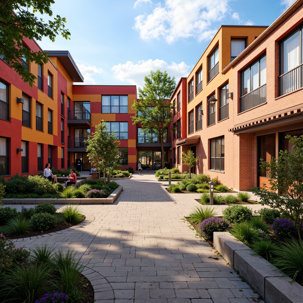 Prompt: Vibrant high school courtyard, eclectic mix of modern and traditional vernacular architecture, bold color schemes, decorative brick patterns, ornate wooden doors, large windows with divided lites, sloping roofs with terra cotta tiles, lush greenery with native plants, meandering pathways with patterned pavement, outdoor seating areas with colorful benches, dynamic lighting with lantern-style fixtures, 3/4 composition, shallow depth of field, warm afternoon sunlight, realistic textures, ambient occlusion.Please let me know if this meets your expectations!