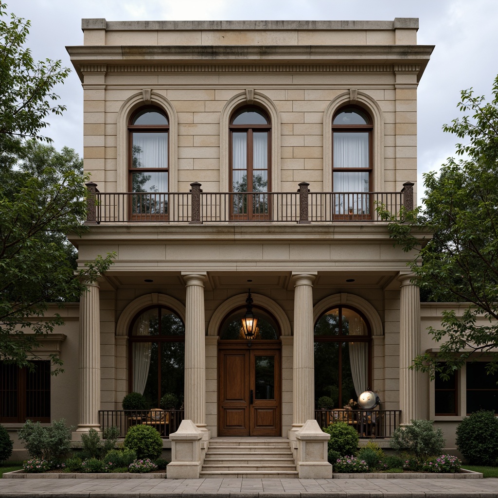 Prompt: Grandiose energy plant, neoclassical facade, ornate columns, rusticated stonework, arched windows, symmetrical composition, majestic entrance, bronze details, subtle cornice, elegant moldings, earthy color palette, weathered stone textures, overcast sky, soft diffused lighting, atmospheric perspective, 1/2 composition, detailed architraves, ornamental balustrades, refined stucco finish, subtle gradations of tone.