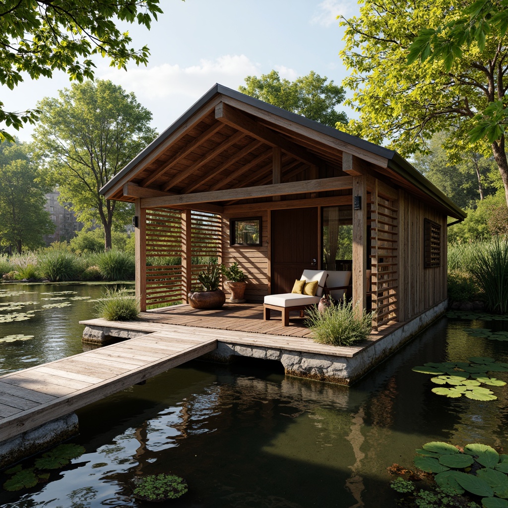 Prompt: Rustic boathouse, wooden dock, tranquil lake, surrounding lush greenery, water lilies, rippling waves, warm sunlight, wooden slats, corrugated metal roofing, exposed wooden beams, stone foundation, nautical decorative elements, vintage marine hardware, cozy interior cabin, plush cushions, soft warm lighting, shallow depth of field, 1/1 composition, realistic textures, ambient occlusion.