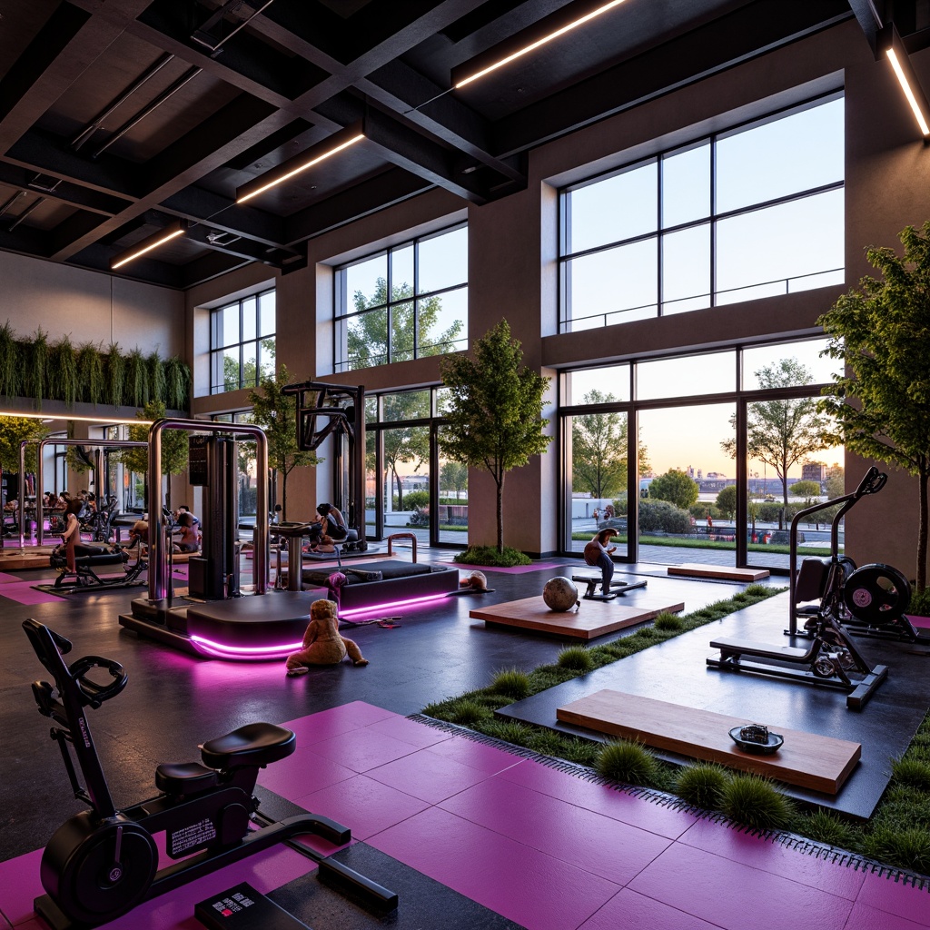 Prompt: Futuristic gym interior, high-tech equipment, sleek metal frames, neon-lit floors, vibrant color accents, eco-friendly rubber flooring, energy-efficient LED lighting, solar-powered ventilation systems, rainwater harvesting systems, green walls, living roofs, natural stone accents, minimalist design, large windows, glass doors, abundant natural light, soft warm glow, shallow depth of field, 3/4 composition, panoramic view, realistic textures, ambient occlusion.