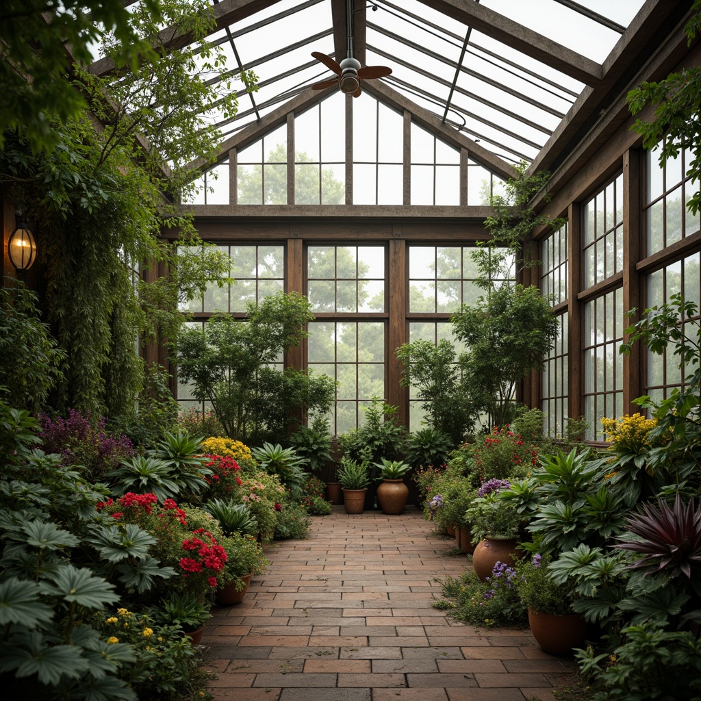 Prompt: Vibrant botanical greenhouse, lush tropical plants, exotic flowers, misty atmosphere, warm soft lighting, rustic wooden beams, distressed metal frames, vintage glass windows, earthy terracotta pots, moss-covered stone walls, intricate ironwork details, whimsical expressive brushstrokes, bold colorful palette, organic free-flowing shapes, dreamy ethereal ambiance, shallow depth of field, 1/1 composition, realistic textures, ambient occlusion.