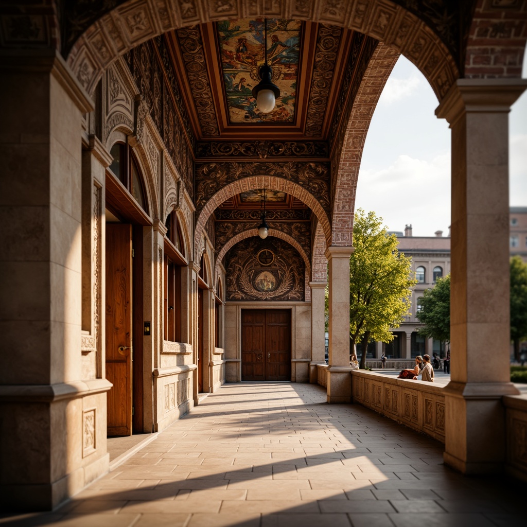 Prompt: Renaissance-style Chukum building, ornate stone carvings, intricate wooden panels, vibrant fresco paintings, grandiose archways, ornamental columns, rustic brick facades, terracotta roof tiles, warm golden lighting, soft focus blur, 1/2 composition, atmospheric perspective, realistic textures, ambient occlusion.