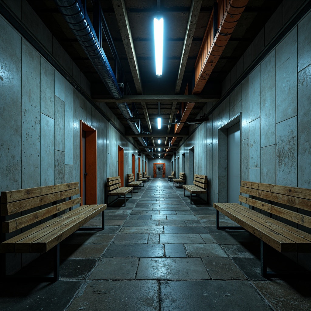 Prompt: Underground brutalist metro station, raw concrete walls, exposed ductwork, industrial metal beams, rugged stone flooring, worn wooden benches, dimly lit atmosphere, cold neon lighting, urban grittiness, moody color palette, dark grey tones, industrial blue hues, earthy brown shades, rusty orange accents, weathered steel textures, distressed finishes, functional design, utilitarian aesthetic, brutalist architecture, metropolitan cityscape.