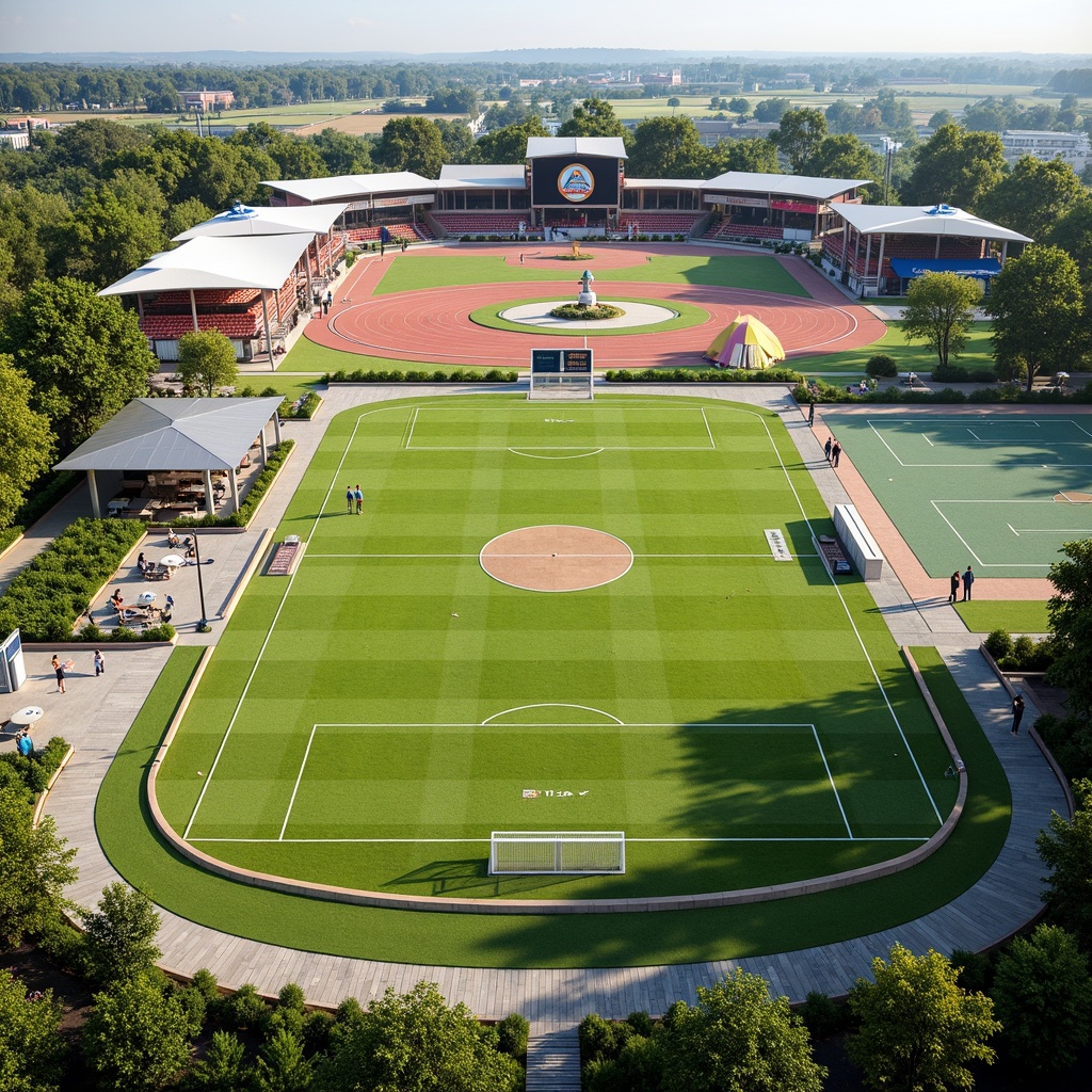 Prompt: Vibrant sports complex, lush green grass, modern athletic tracks, soccer fields, basketball courts, tennis courts, stadium seating, vibrant color schemes, dynamic architectural forms, curved lines, cantilevered roofs, open-air concourses, social gathering areas, outdoor cafes, community gardens, public art installations, interactive exhibits, educational signage, natural stone pathways, LED scoreboard displays, sunny day, soft warm lighting, shallow depth of field, 3/4 composition, panoramic view, realistic textures, ambient occlusion.