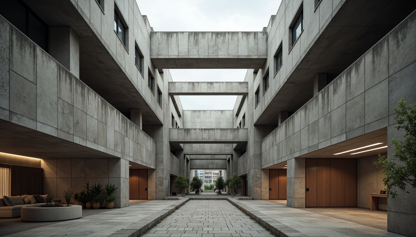 Prompt: Rugged brutalist architecture, raw concrete textures, fortress-like structures, industrial materials, angular forms, bold geometric shapes, massive windows, clerestory lighting, skylights, open floor plans, minimalist interior design, natural stone flooring, exposed ductwork, functional simplicity, urban cityscape, overcast skies, dramatic shadows, high contrast lighting, 1/1 composition, symmetrical framing, harsh realistic textures.