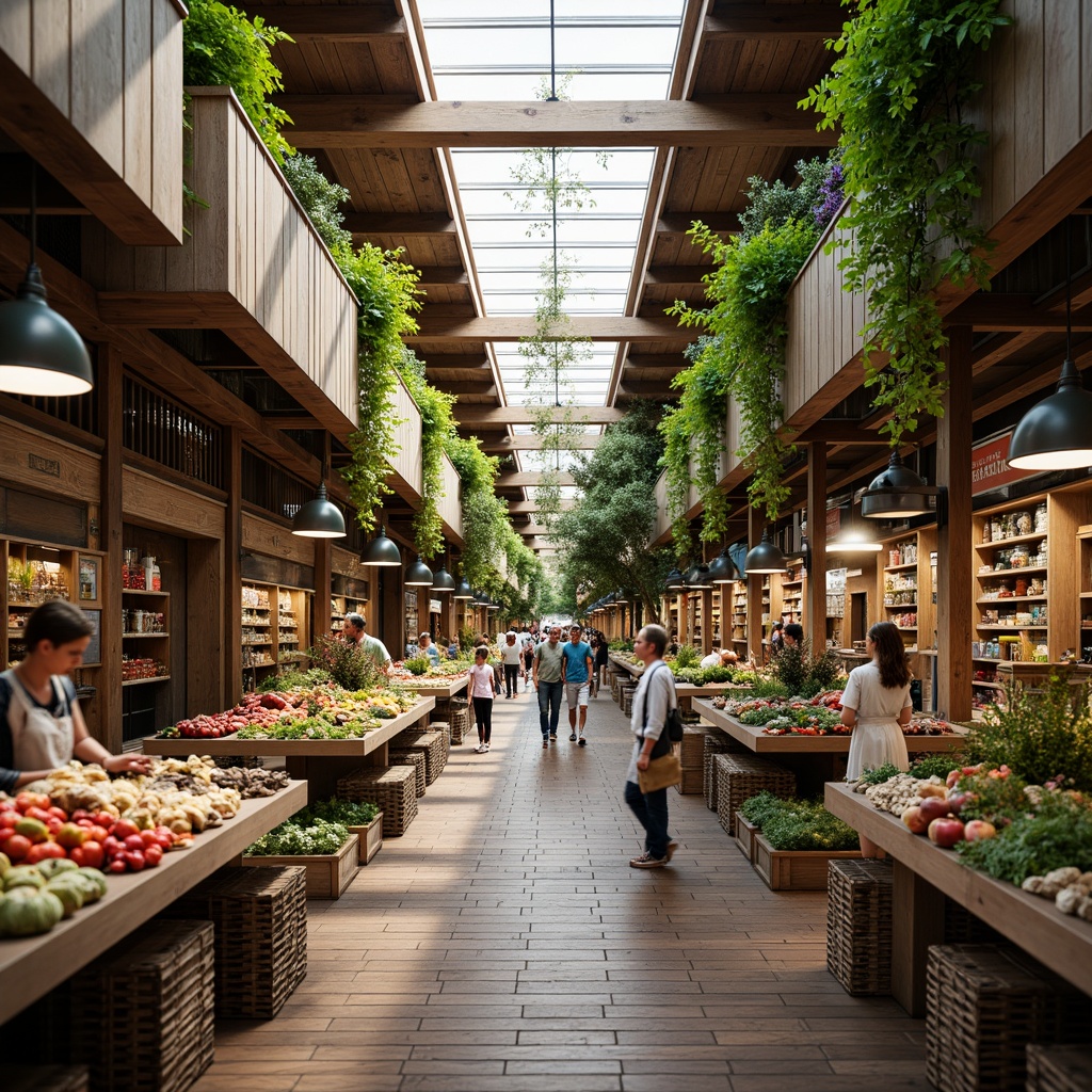 Prompt: Eco-friendly market hall, exposed wooden beams, natural ventilation systems, recycled materials, energy-efficient lighting, living green walls, vertical farming, rooftop gardens, rainwater harvesting systems, composting facilities, organic food markets, local artisanal products, vibrant colorful textiles, intricate geometric patterns, bustling commercial activity, warm soft lighting, shallow depth of field, 1/1 composition, realistic textures, ambient occlusion.