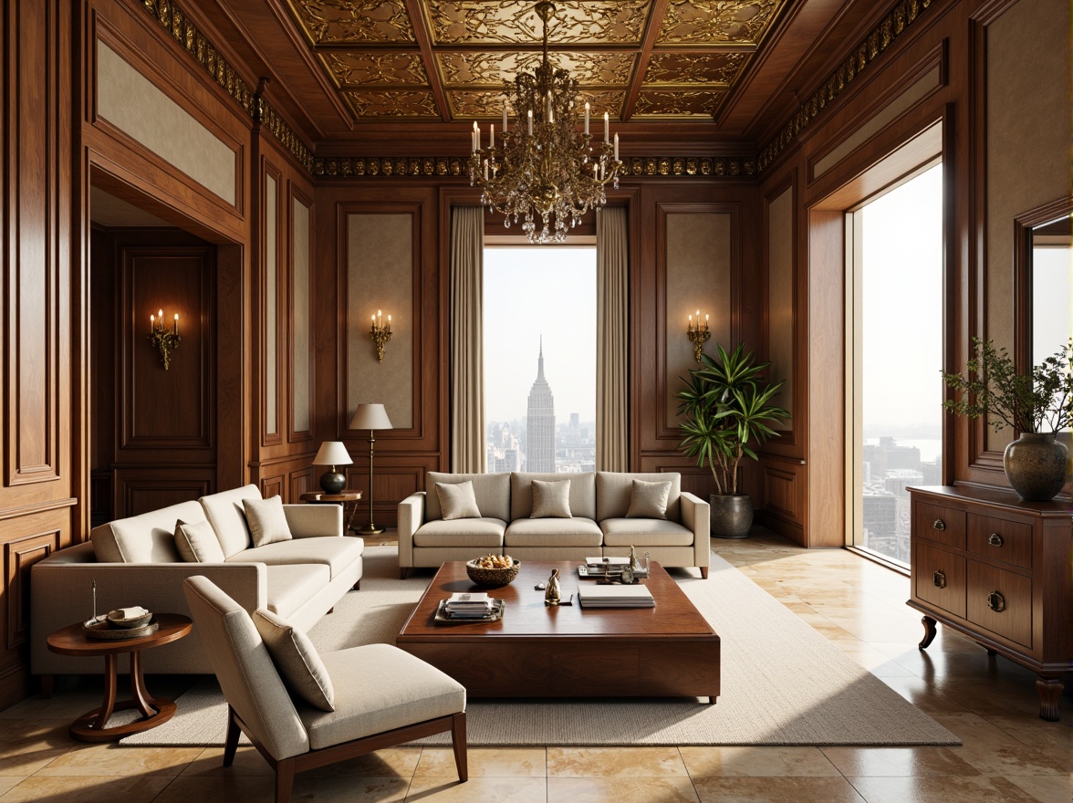 Prompt: Luxurious penthouse, opulent classicism style, rich wood tones, polished marble floors, lavish velvet fabrics, warm golden lighting, majestic high ceilings, ornate moldings, crystal chandeliers, neutral beige walls, dark walnut furniture, antique bronze accents, soft cream carpets, elegant drapery, refined ornateness, sophisticated color palette, subtle texture contrasts, balanced composition, atmospheric misty light, 1/2 composition, shallow depth of field, realistic reflections.