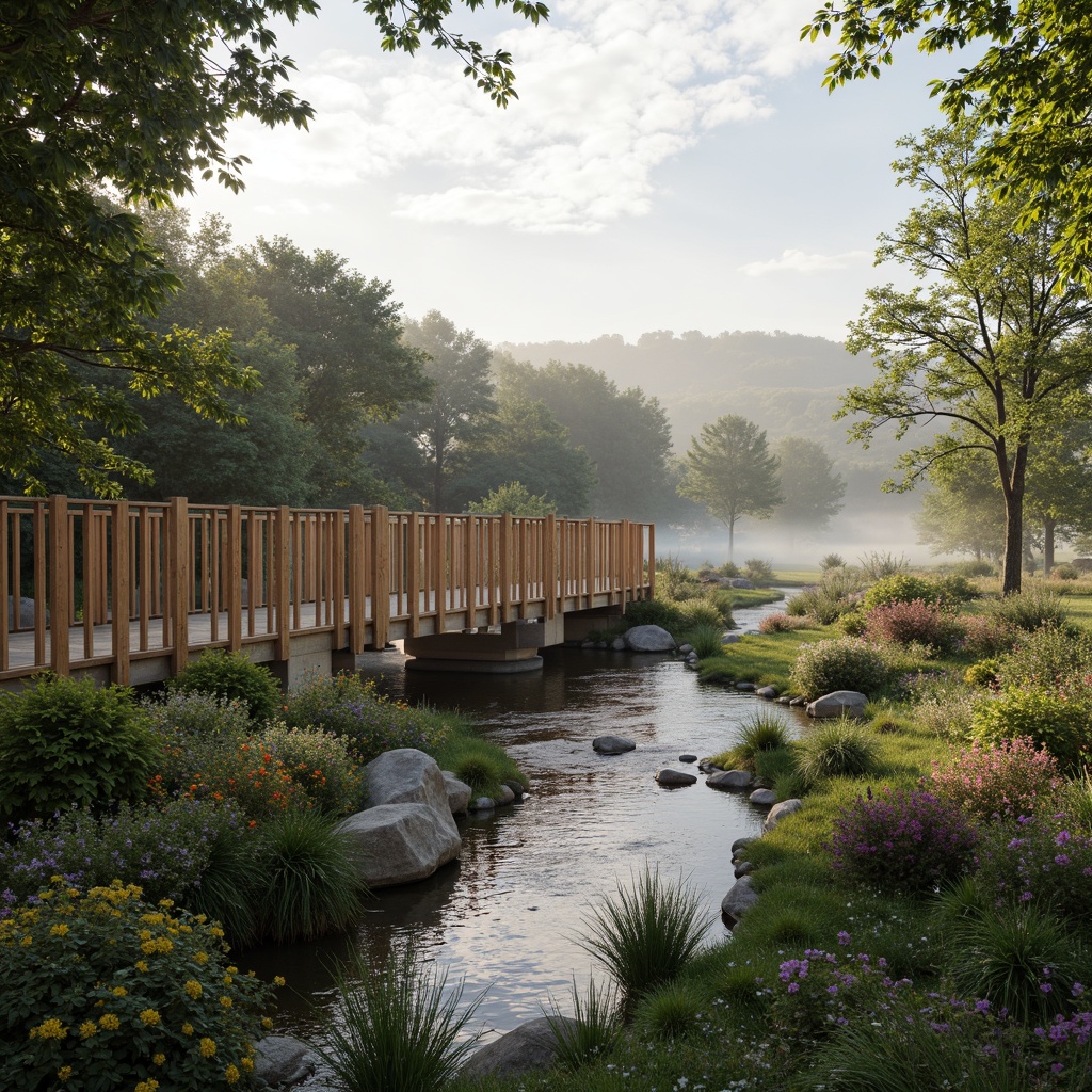 Prompt: Rustic bridge, wooden railings, natural stone piers, lush greenery, vibrant flowers, gentle water flow, serene riverbanks, misty morning, soft warm lighting, shallow depth of field, 3/4 composition, panoramic view, realistic textures, ambient occlusion, modern minimalist architecture, sleek metal beams, angular lines, innovative structural systems, eco-friendly materials, harmonious landscape integration, organic curves, natural habitats preservation.