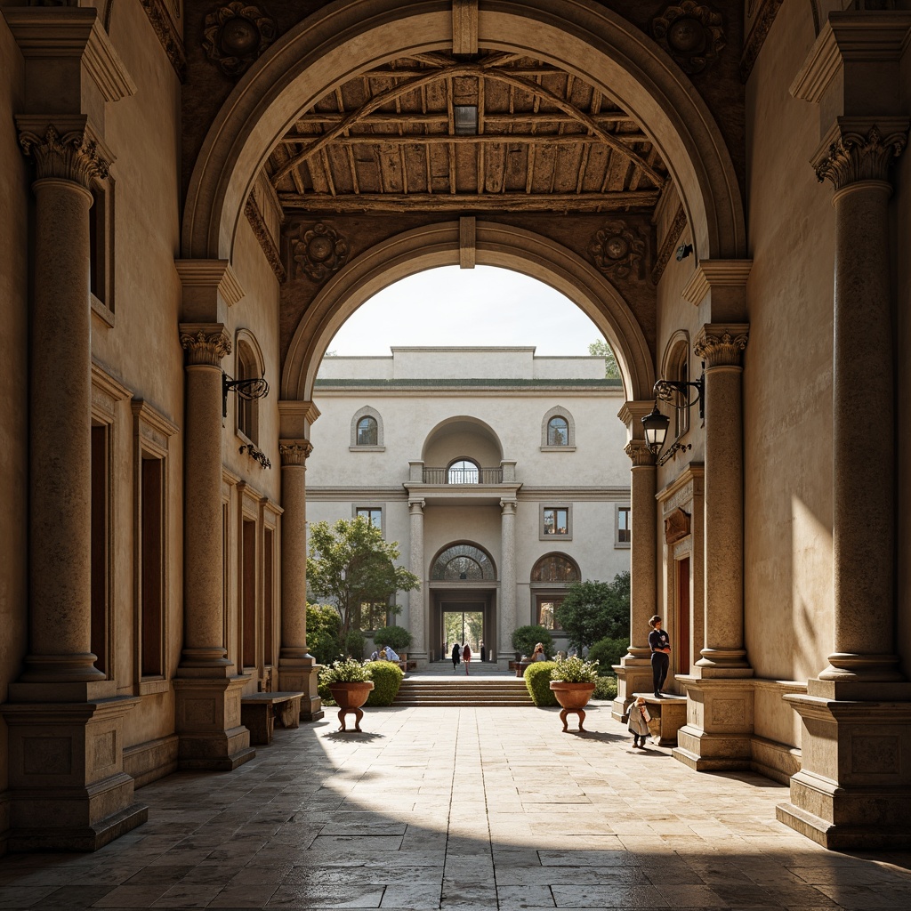 Prompt: Serene monastery courtyard, symmetrical axis, neoclassical fa\u00e7ade, ornate stone carvings, grand entrance gates, rusticated base, ionic columns, vaulted ceilings, arched windows, stained glass, intricate frescoes, marble flooring, solemn atmosphere, soft warm lighting, shallow depth of field, 3/4 composition, panoramic view, realistic textures, ambient occlusion.