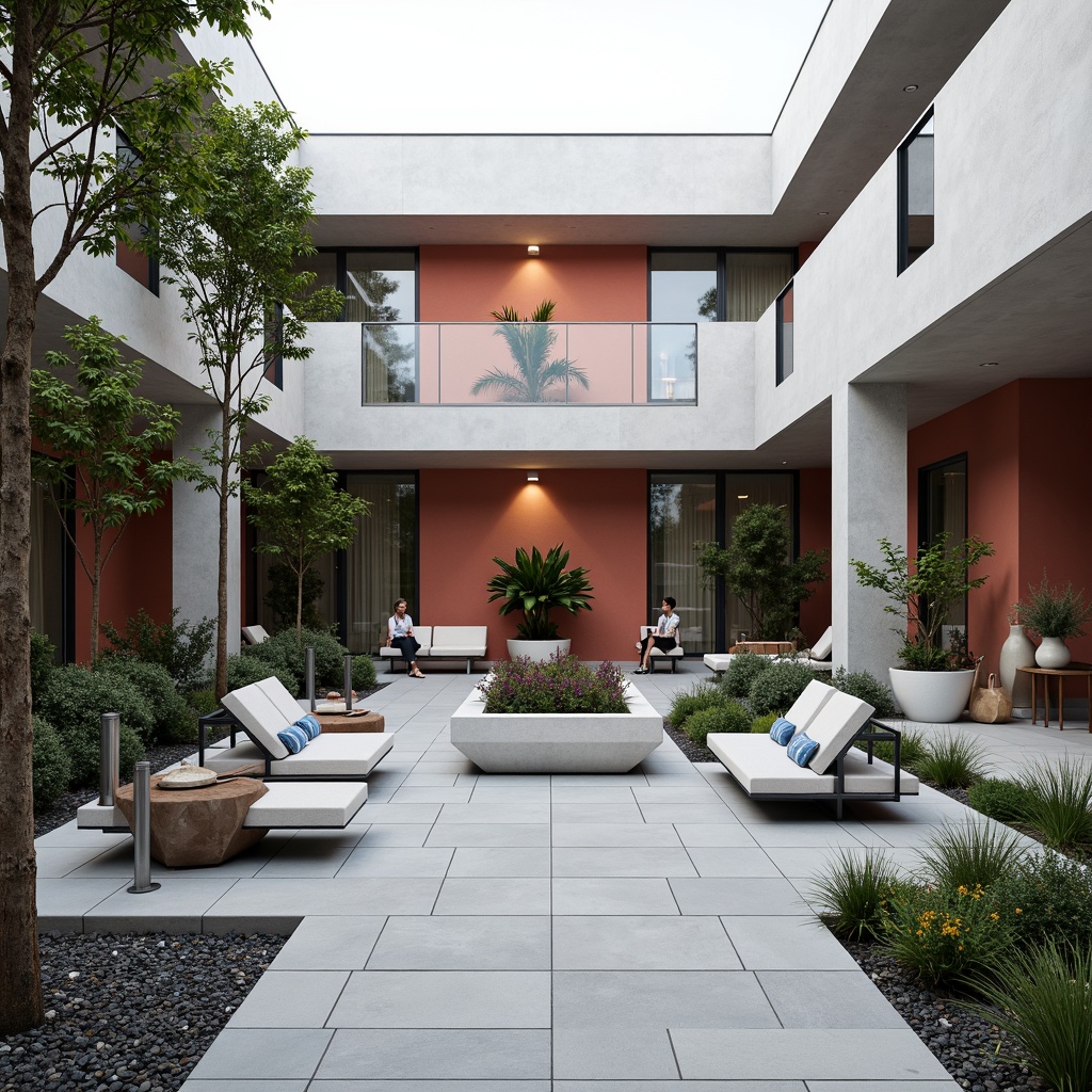 Prompt: Minimalist courtyard, sleek concrete pavers, low-maintenance succulents, modern sculpture installations, geometric-shaped planters, angular trees, industrial-style benches, urban-inspired streetlights, neutral-toned gravel paths, water feature with subtle sounds, natural stone walls, minimalist railings, cantilevered rooflines, floor-to-ceiling windows, bold-colored accent walls, shallow depth of field, 2/3 composition, softbox lighting, realistic textures, ambient occlusion.