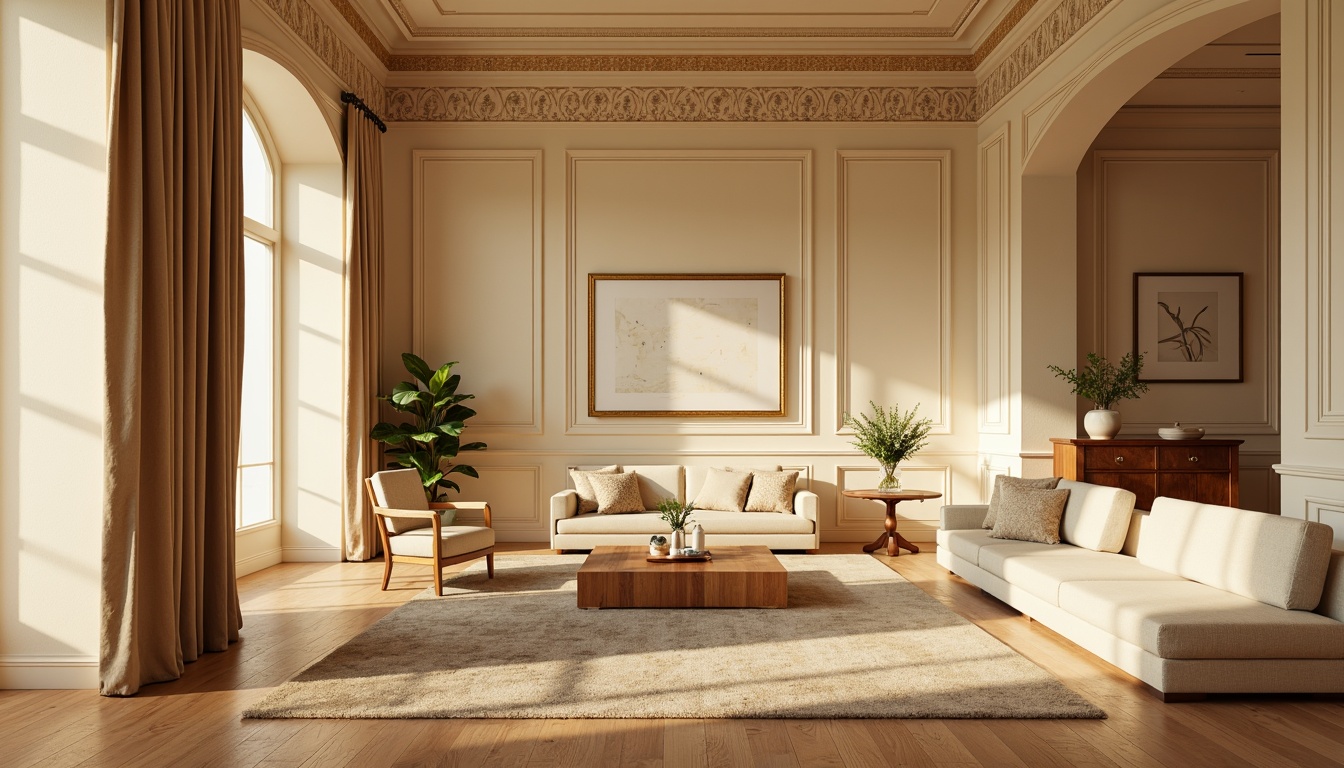 Prompt: Warm creamy walls, soft beige furniture, golden ornate frames, luxurious velvet drapes, rich wooden floors, subtle natural textures, elegant classical architecture, refined interior design, sophisticated color scheme, warm sunny day, gentle softbox lighting, shallow depth of field, 2/3 composition, intimate atmosphere, realistic render.