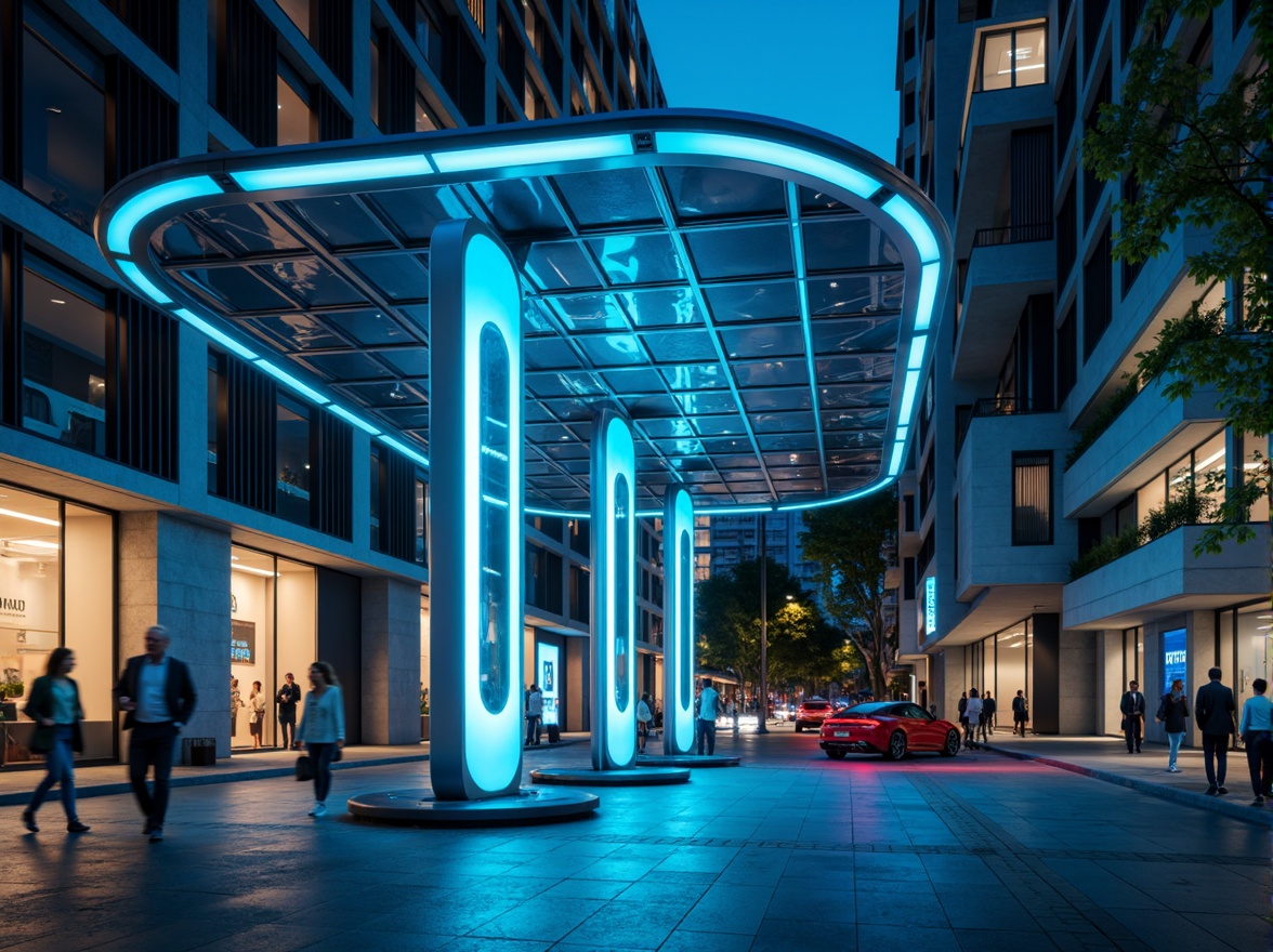 Prompt: Futuristic charging station, neon-lit streets, urban cityscape, sleek metal columns, glowing LED lights, modern minimalist architecture, vibrant electric blue accents, metallic silver surfaces, high-gloss black finishes, dynamic angular lines, innovative solar panels, energy-efficient systems, ambient futuristic lighting, shallow depth of field, 3/4 composition, panoramic view, realistic reflective materials.