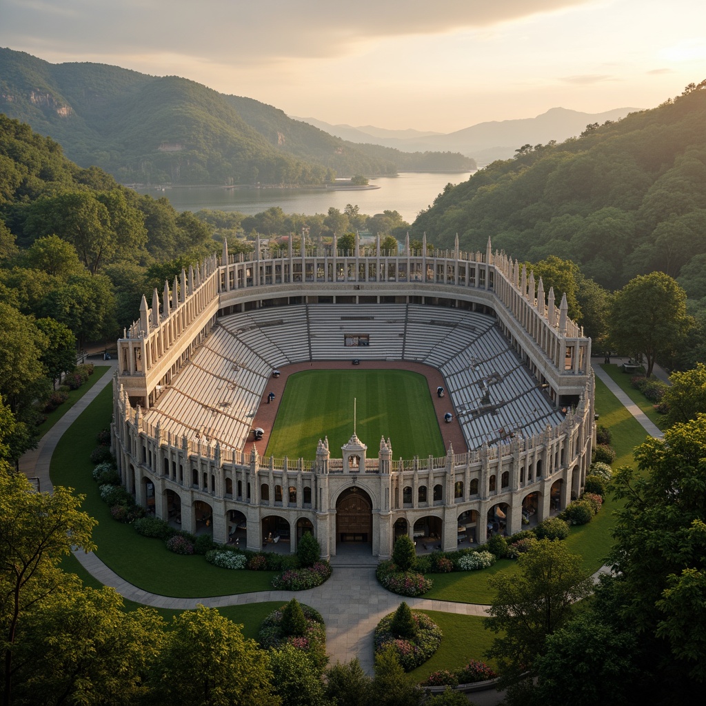 Prompt: Majestic gothic stadium, lush green hills, rolling terrain, natural stone fa\u00e7ade, pointed arches, ribbed vaults, flying buttresses, grandiose entrance, intricate carvings, ornate details, vibrant flower beds, meandering pathways, serene lakeside, misty atmosphere, warm sunset lighting, shallow depth of field, 1/1 composition, panoramic view, realistic textures, ambient occlusion.