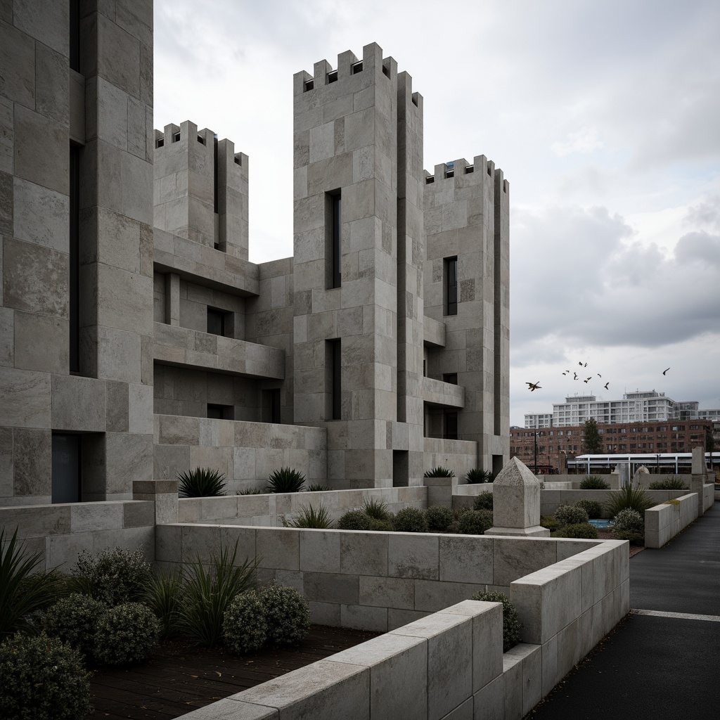 Prompt: Raw concrete textures, fortress-like structures, brutalist monuments, imposing fa\u00e7ades, geometric shapes, rugged stone walls, industrial materials, exposed ductwork, minimalist ornamentation, functional simplicity, fortress-inspired towers, urban cityscape, cloudy grey sky, dramatic shadows, low-key lighting, cinematic composition, realistic renderings.