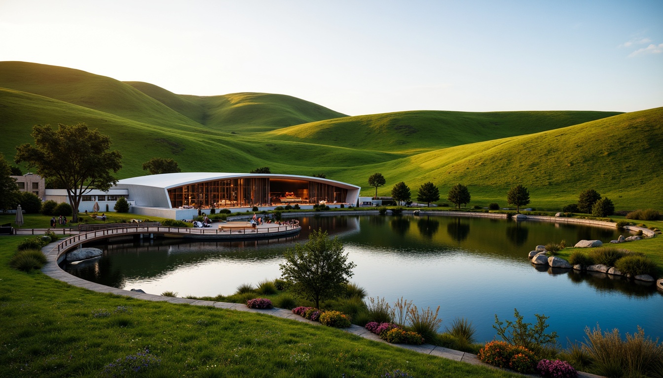 Prompt: Rolling hills, lush green meadows, serene lake views, concert house architecture, modern curved lines, large glass facades, outdoor amphitheater seating, natural stone walkways, wooden bridges, vibrant flower arrangements, soft warm lighting, shallow depth of field, 3/4 composition, panoramic view, realistic textures, ambient occlusion, evening sunset ambiance, subtle misting systems, eco-friendly materials, innovative acoustic design, sound wave patterns, rhythmic lighting effects.