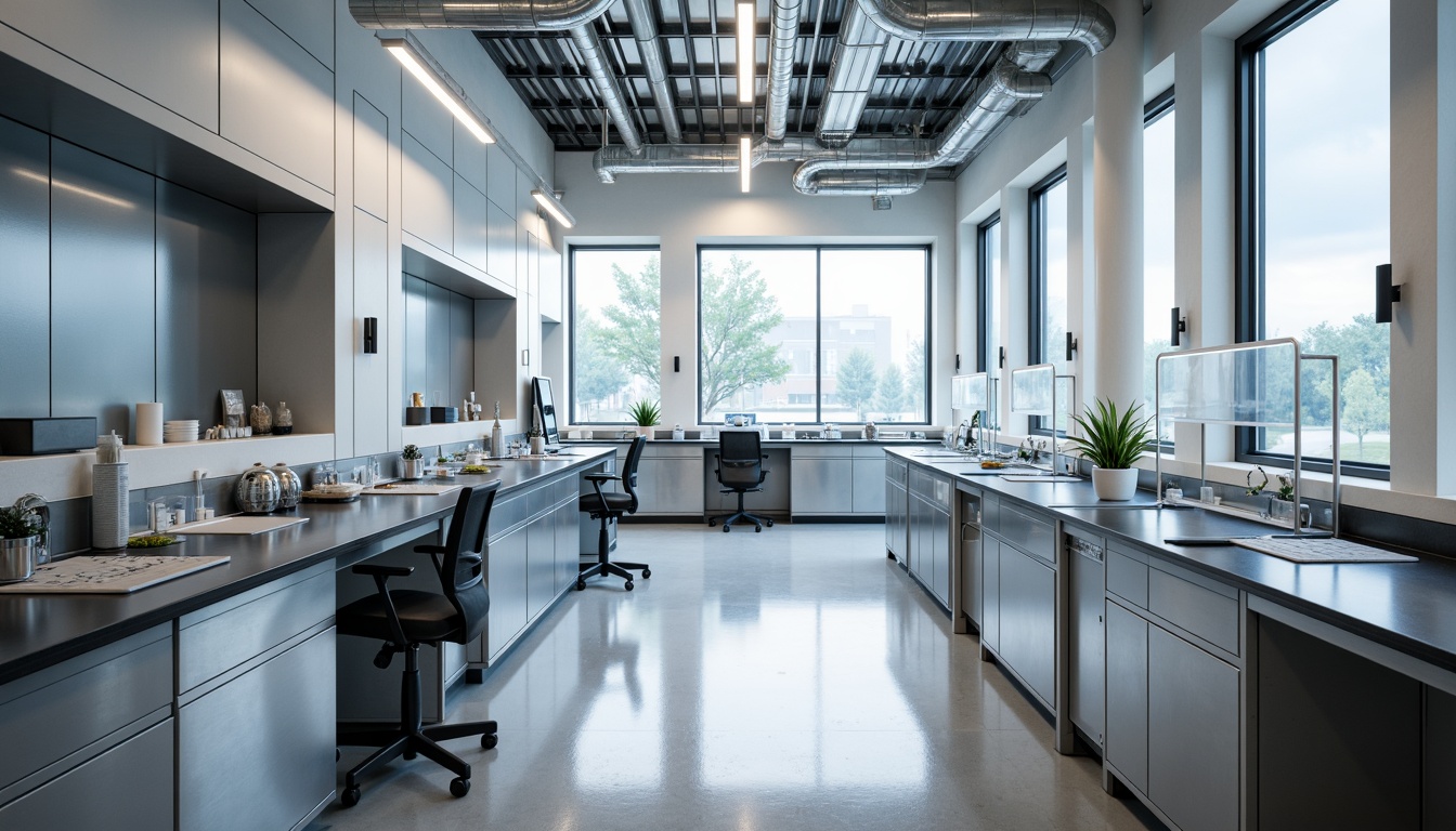 Prompt: Sterile laboratory countertops, glossy epoxy resin finishes, industrial-grade stainless steel equipment, smooth glass surfaces, matte black metal frames, ergonomic seating upholstery, soft-touch keyboard trays, high-gloss acrylic displays, minimalist decorative accents, bright overhead lighting, subtle ambient shadows, 1/1 composition, realistic reflections, detailed normal maps.