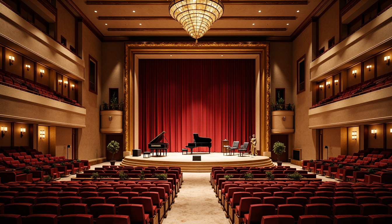 Prompt: Luxurious concert house interior, rich wood grain texture, polished marble floors, velvety soft couches, metallic accents, ornate chandeliers, grand pianos, acoustic panels, sound-absorbing materials, dimmable lighting, intimate stage settings, plush red curtains, sophisticated audience seating, elegant staircases, refined architectural details, warm golden lighting, shallow depth of field, 1/2 composition, realistic reflections, ambient occlusion.