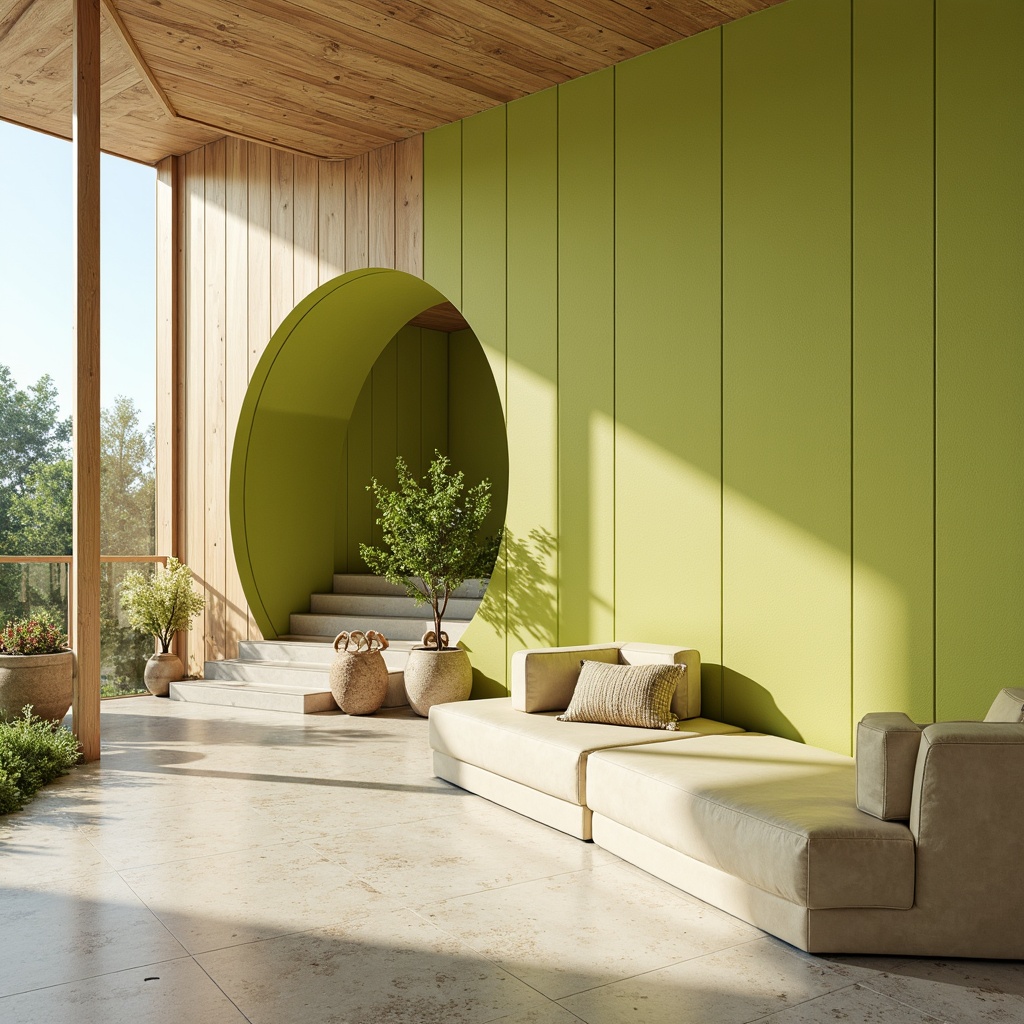 Prompt: Vibrant lime accents, pastel green undertones, creamy whites, warm beige backgrounds, rich wood textures, natural stone patterns, subtle metallic sheens, elegant curved lines, modern minimalist decor, abundant sunlight, soft warm glow, shallow depth of field, 1/1 composition, realistic renderings, ambient occlusion.