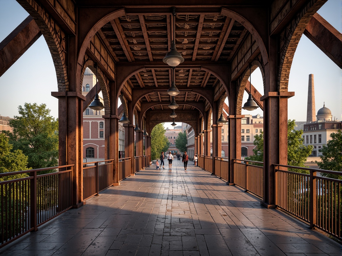 Prompt: Eclectic bridge architecture, rustic steel beams, ornate iron railings, worn wooden planks, vintage lamp posts, distressed stonework, intricate brick patterns, majestic arches, sweeping curves, eclectic mix of materials, industrial metal accents, weathered copper details, playful use of textures, bold color contrasts, warm golden lighting, dramatic shadows, 1/2 composition, atmospheric perspective, realistic wear and tear.